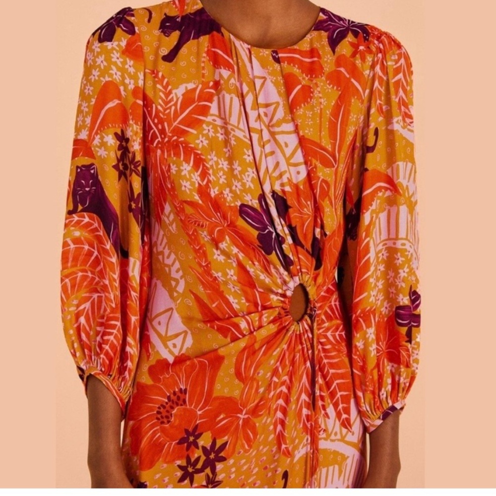NWT Farm Rio Dress Jungle Panther Balloon Sleeve Cutout Midi Dress Size Small - Picture 2 of 10